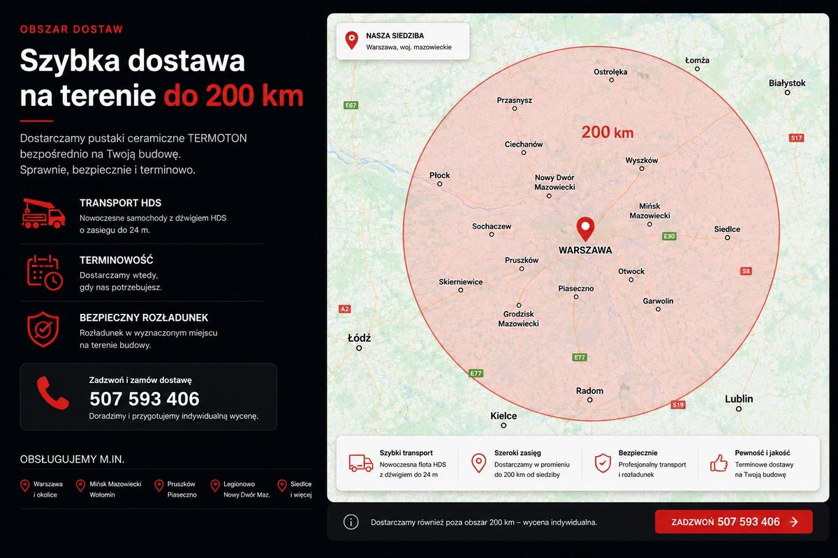 Mapa obszaru dostaw TERMOTON do 200 km od Warszawy